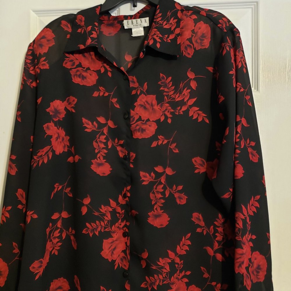 Erena Black & red rose l/s shirt sheer 2X